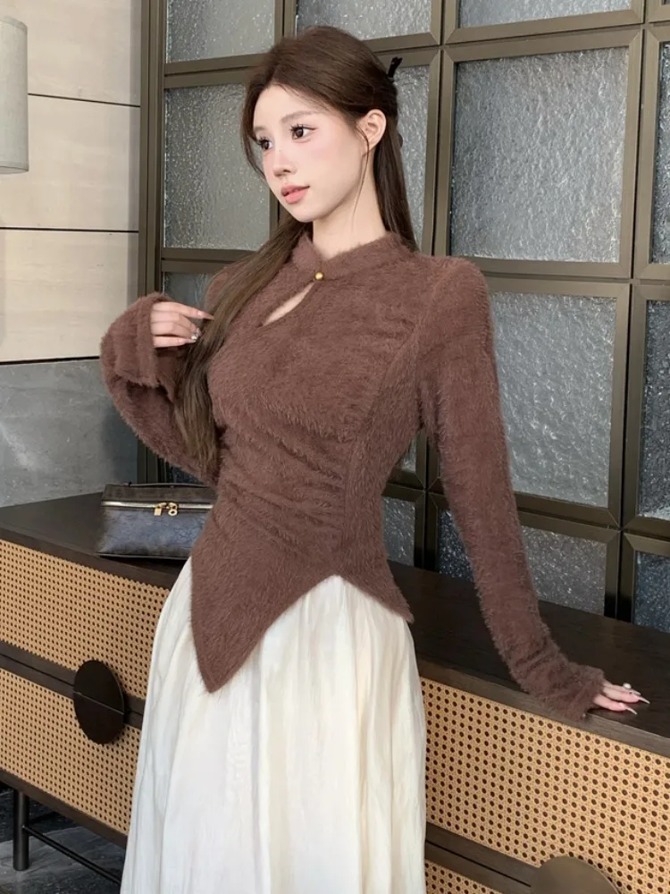 

Chic Design Knitted Sweater Women's Slim Long Sleeve Furry Base Layer Innerwear Asymmetrical Winter Commute Style Short Length