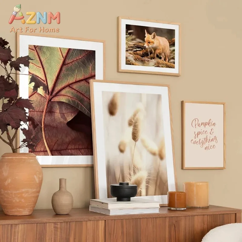 AZNM Cozy Autumn Fall Canvas Wall Art Pumpkin Forest Fox Botanical Neutral Warm Tone Unframed Canvas Home Decor Painting