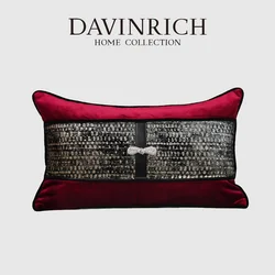 DAVINRICH Venetian Style Lumbar Pillow Covers Burgundy Velvet Black Leather Patchwork Rectangle Cushion Case For Sofa Couch Bed