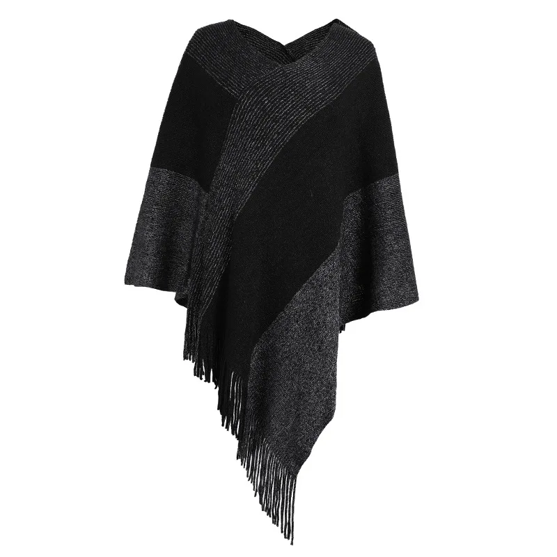 

Autumn Winter New Women Color Contrast Cloak Shawl Sweater Coat Fashion Street Tourism Poncho Lady Capes Black Cloaks