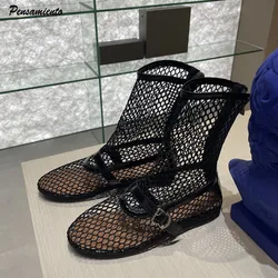 Ins style Fashion Mesh Hollow out Women Summer Ankle Boots Casual Flats Strap Buckle Zip Short Boots Sandals Girls Shoes Botas