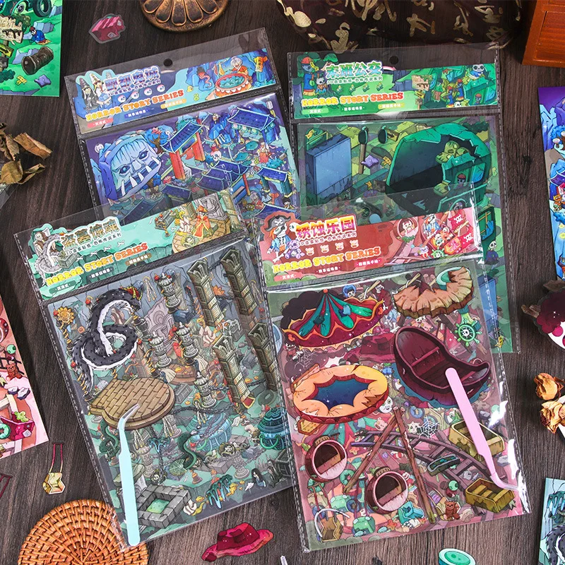 Serie de leyenda de terror Kawaii pegatinas de escena en miniatura de dibujos animados 3D hechas a mano DIY pegatinas apiladas para álbum de recortes
