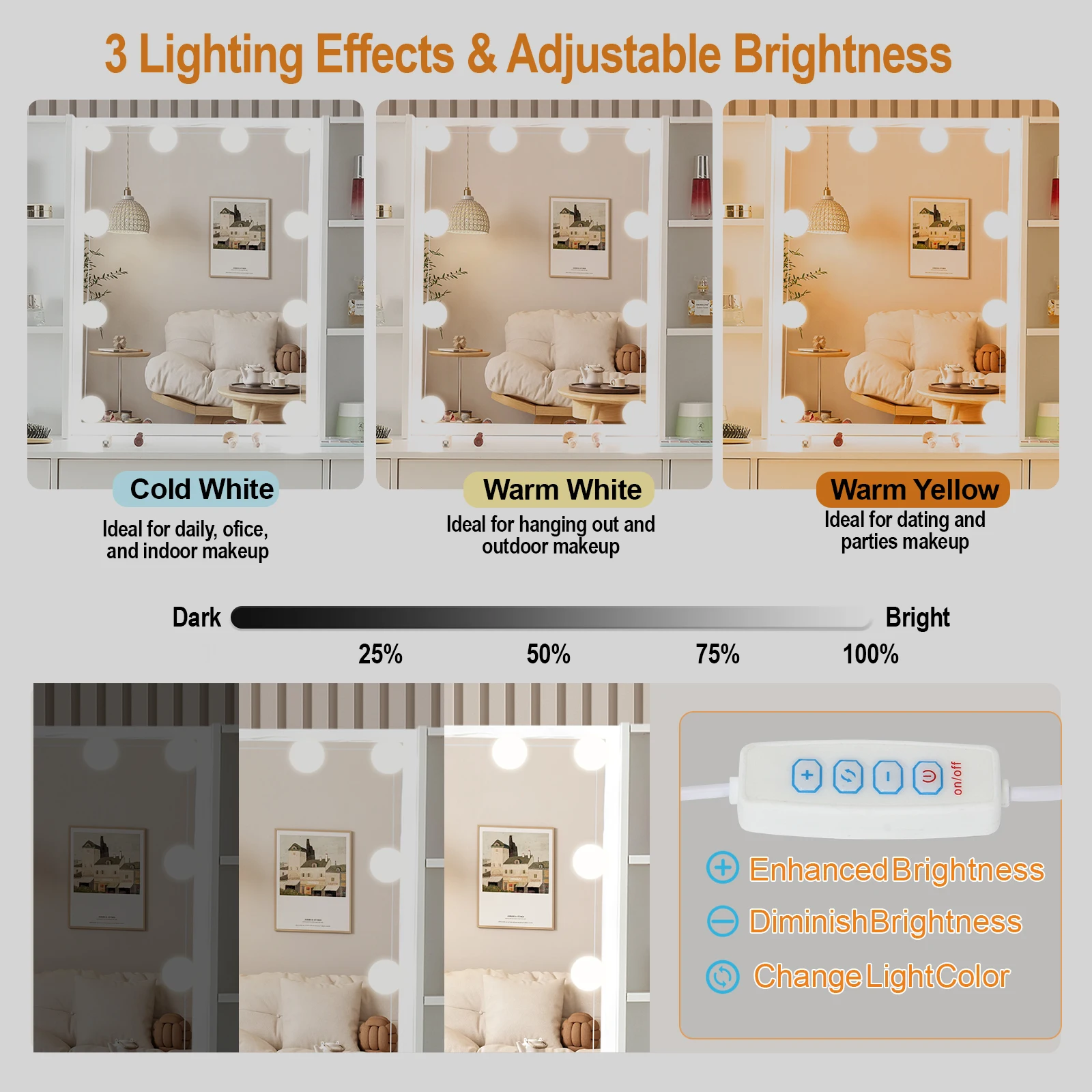 【صفقات 11.11، عروض الجمعة السوداء 2025】مجموعة مقاعد كبيرة لطاولة الزينة مع مرآة وأضواء LED الذكية ومكتب زينة للمكياج