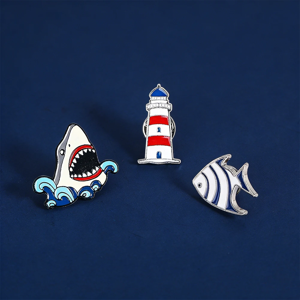 Metal Cartoon Enamel Brooch Lighthouse Tropical Fish Shape Badge Nautical Ocean Lover Lapel Pin Denim Collar Backpack Pin Button