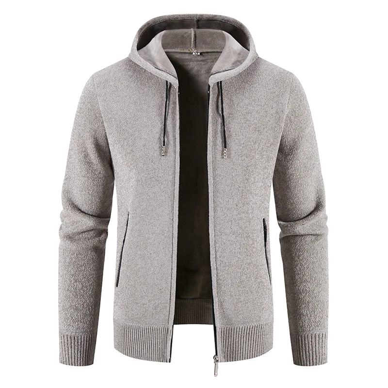 2024 New Winter Mens Sweaters Hooded Fleece Cardigan Men Knitted Warm Sweatercoat Solid Casual Hooded Sweater Jacket Man