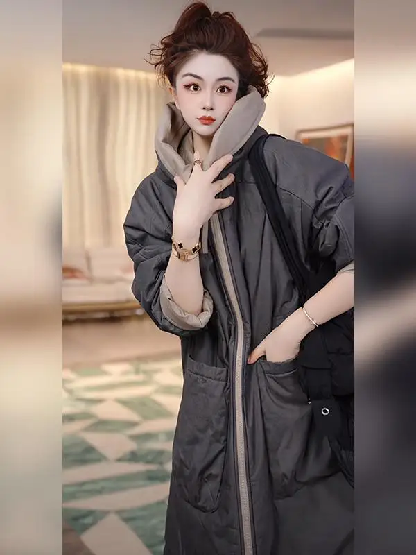 

Ele Double-Sided Wear Cotton Jaet with Hood High-End Winter Faion Retro Sle Zipper Closure Long Sve Mid-Length