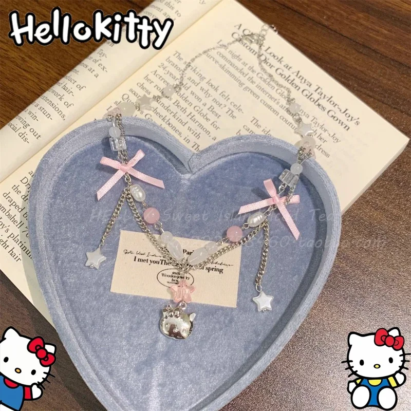 

New Fashion Trend Sweet Helloes Kittys Bow Beaded Double Necklace for Women Cute New Kawaii Girl Heart Star A Gift for A Friend