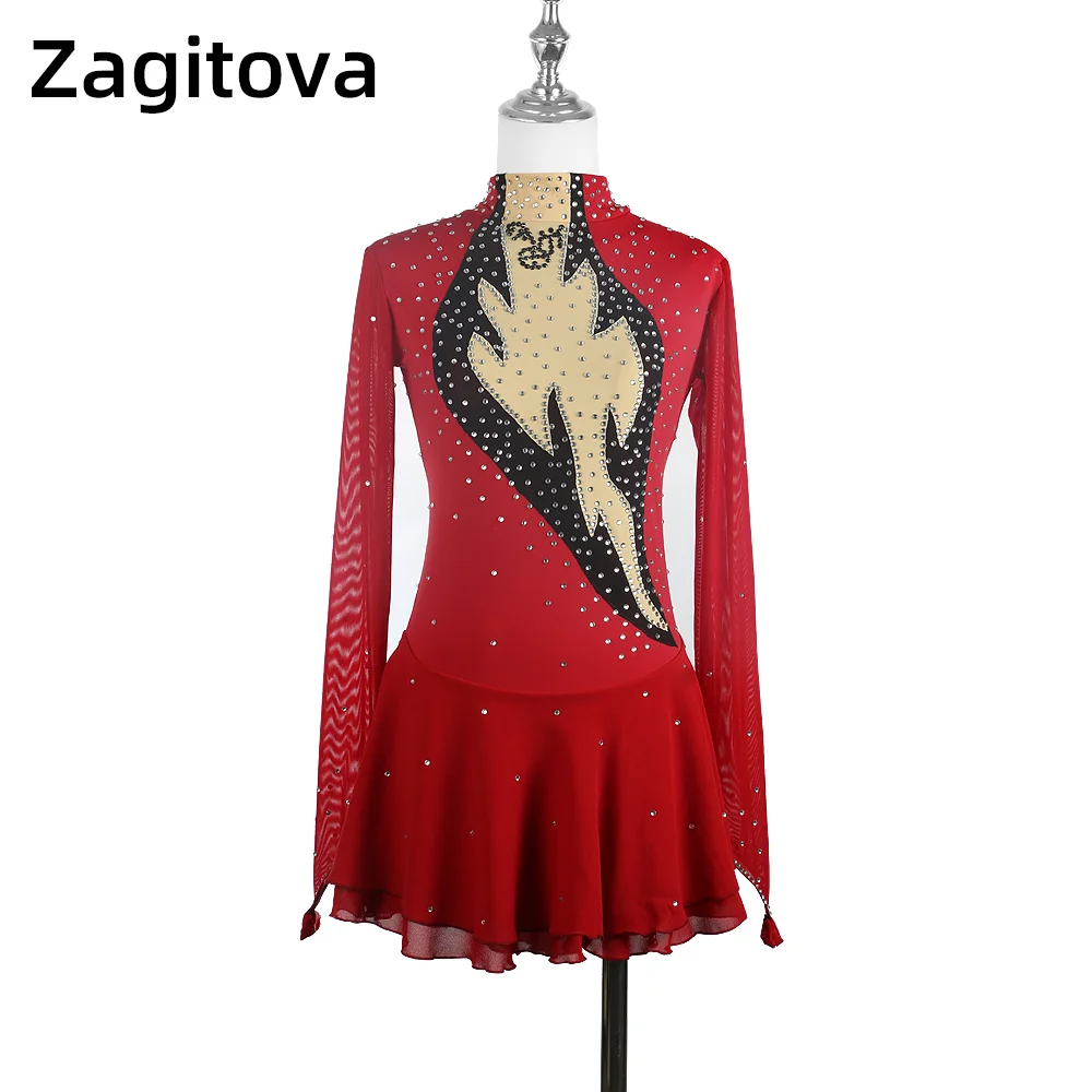 

Zagitova Figure Skating Dress Women Girls Ice Skating Skirt Wine Red Nylon Splice Gymnastic Competition Rhinestones Mesh Skirt