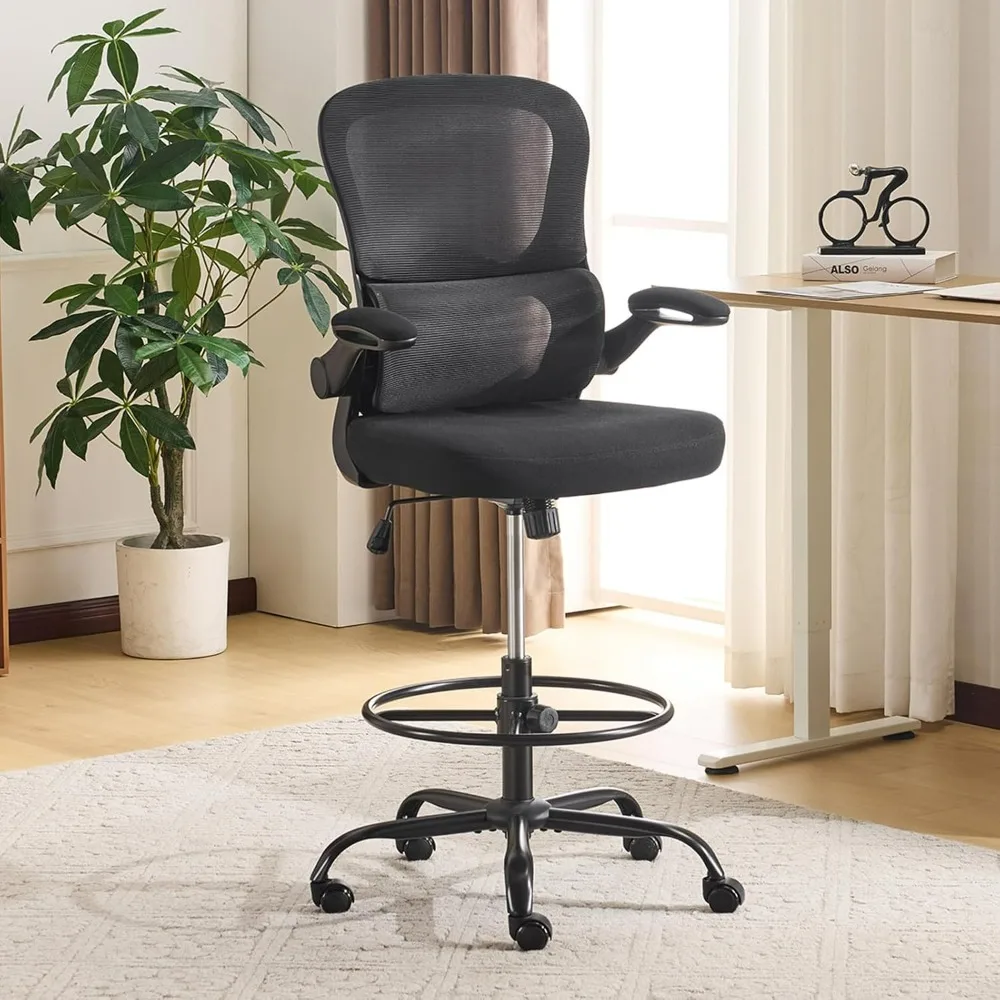 

Drafting Chair Breathable Mesh Upholstory, Swivel Tall Office Desk Chair with Flip-Up Aremrests, Ergonomic Lumbar Support