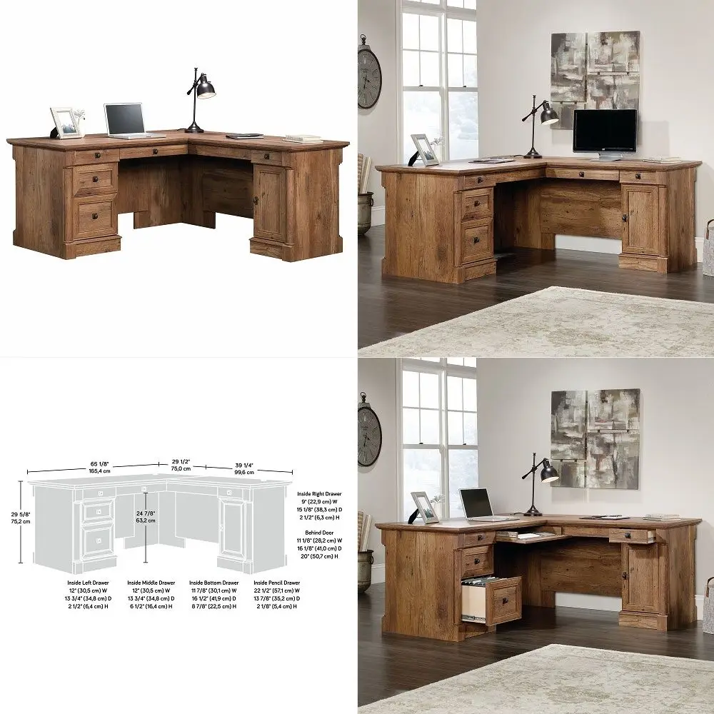 

Palladia L Shaped Desk with Drawers, Office Desk with File Cabinet Storage, Cable Management, Keyboard Tray, in Vintage Oak Fin