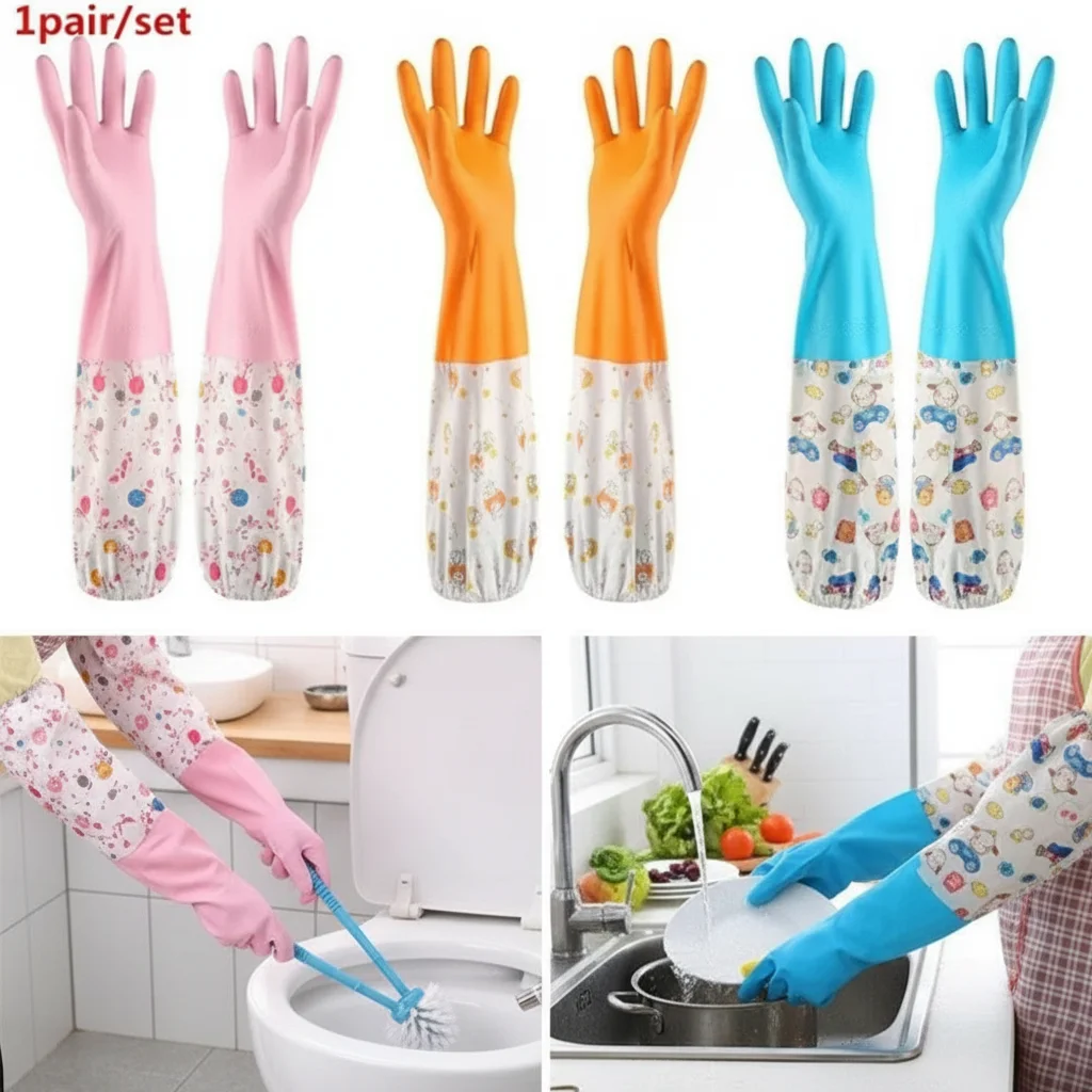 Cartoon Print Long Rubber Gloves Anti-Skid Household Cleaning Dish Washing Gloves Size M-XL