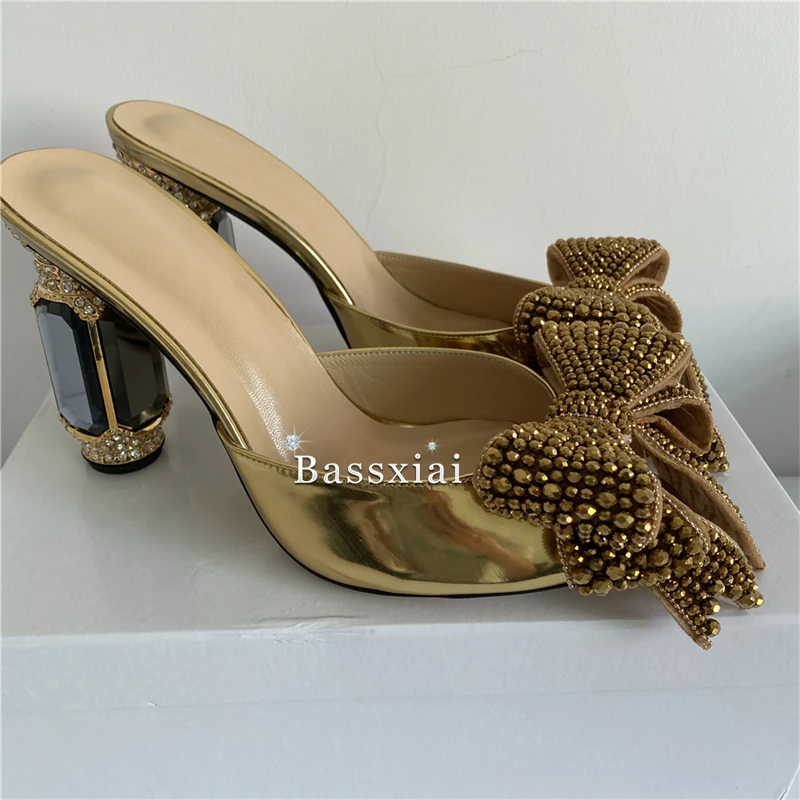 Beaded Butterfly-Knot Rhinestone Mules Summer Diamond Crystal High Heel Patent Leather Slingbacks Sandals Women