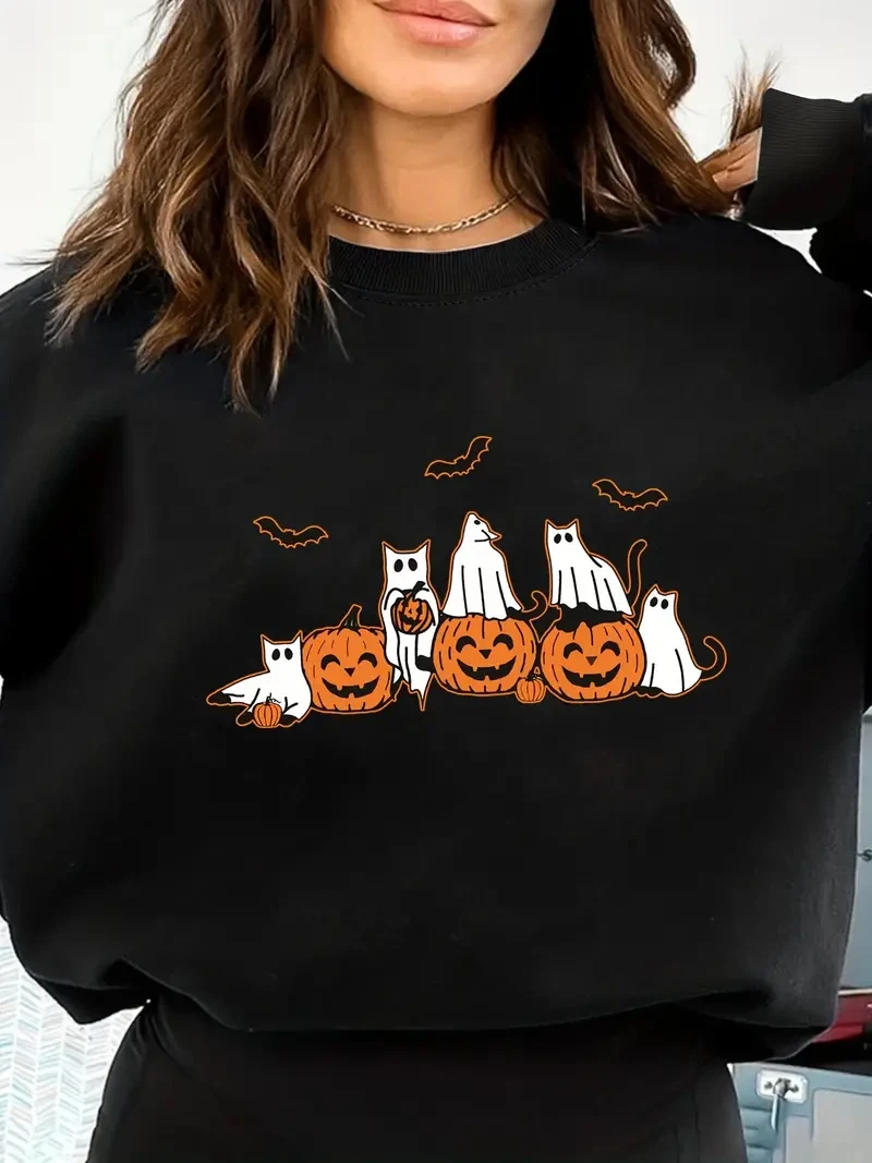 Halloween cute pumpkin ghost printed hoodie, casual pullover fitness comfortable sweatshirt long sleeve hoodie, women's clothing