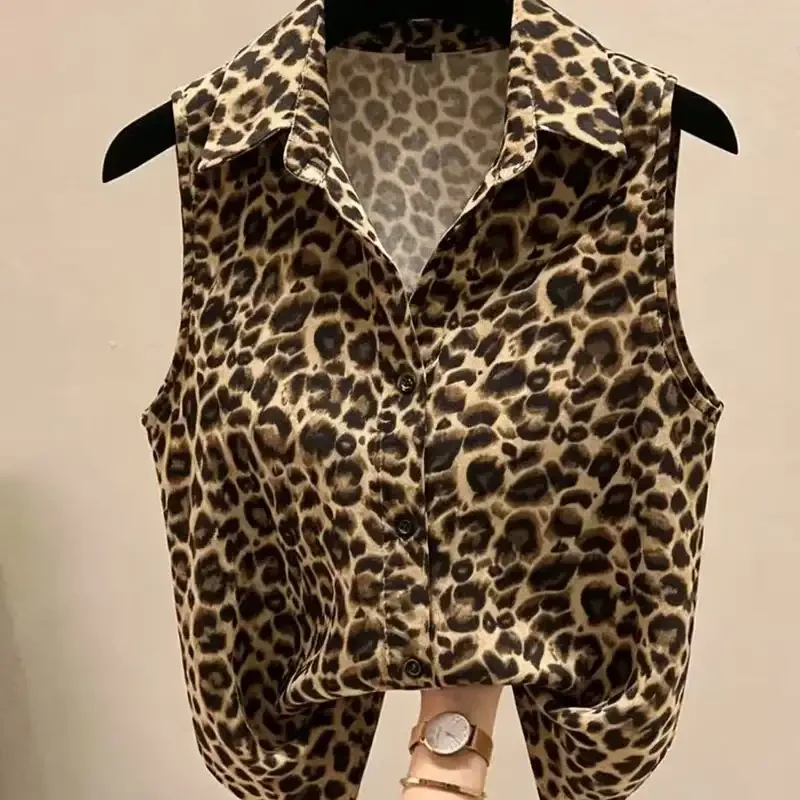 Leopard Print Sleeveless Shirt Top For Women With Button Front And Collar Design Trendy Casual Wear For Office Or Daily Outfits
