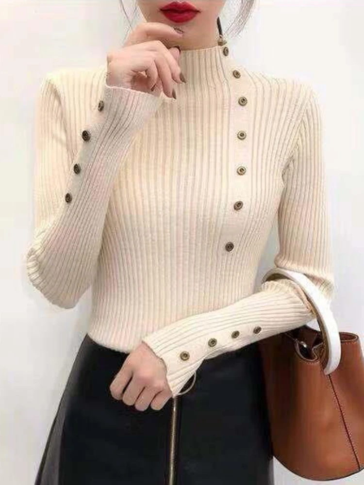 2024 Women Autumn Knitted Slim Sweaters Solid Knitted Female Cotton Soft Elastic Color Pullovers Button Full Sleeve Turtleneck