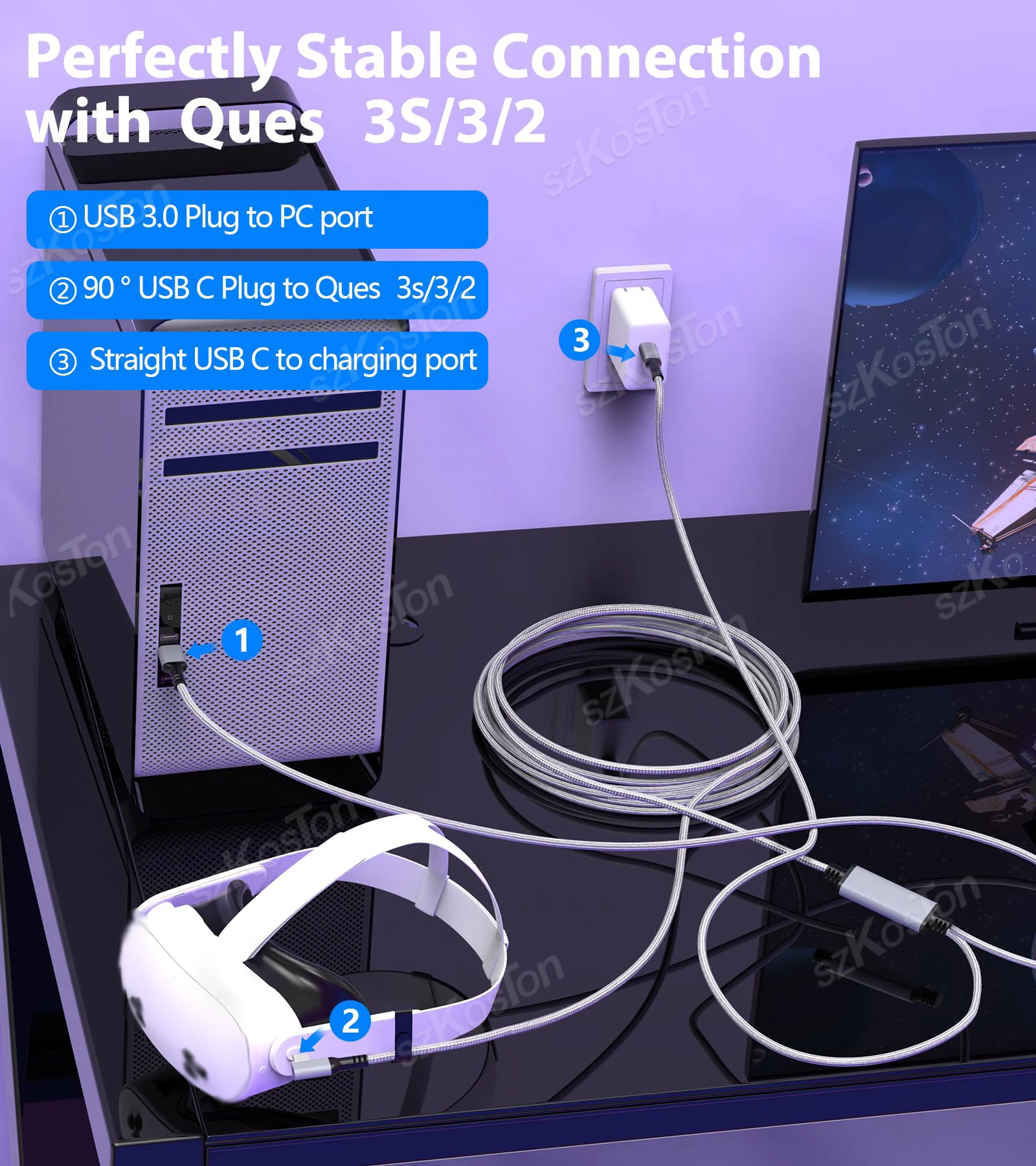 Универсальный кабель USB3.2 Gen1 VR для гарнитуры Meta Quest 3S, Quest 3 PICO 4 VR, шнур для быстрой зарядки и передачи данных, аксессуары