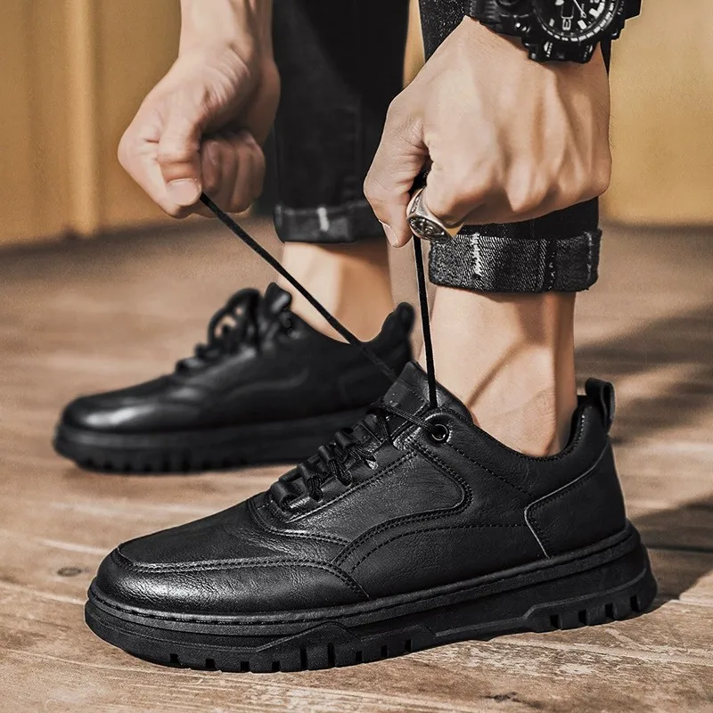 Men Casual Board Shoes Black Stitching Sports Style Leather Shoes Trendy Lace up Men Shoes