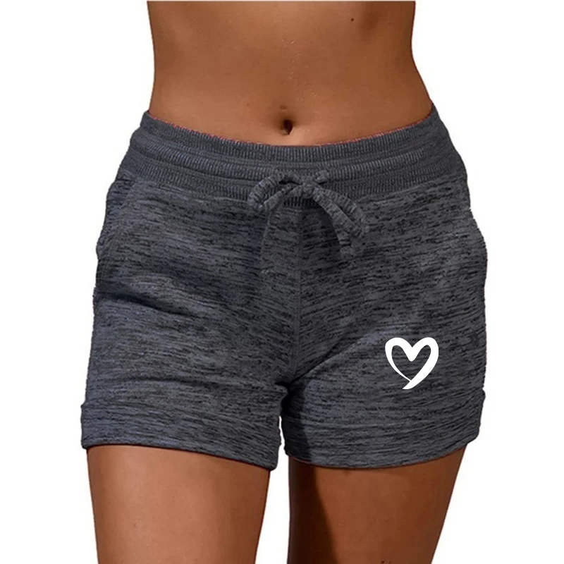 Summer Women's Shorts Love Heart Printed Casual Sports High Waist Drawstring Stretch Fitness Female Shorts 6 Colors 5XL