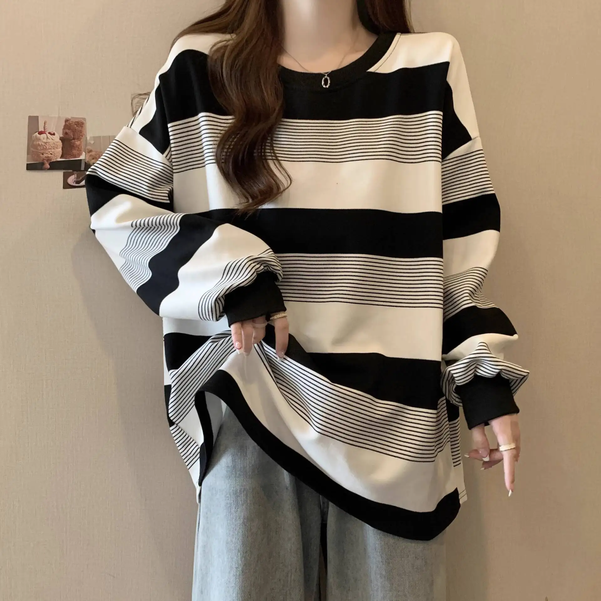 

Women's Long Sleeve T-shirt Retro Oversized Striped Sweatshirt Spring Autumn Thin Loose BF Lazy Style Niche Long Sleeve Top