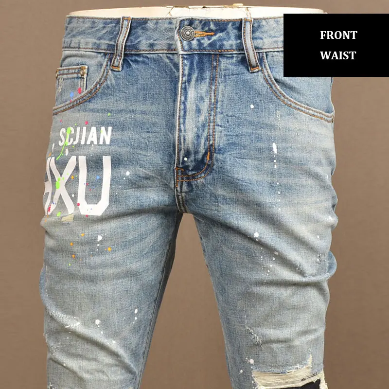 Streetwear Fashion Men Jeans Retro Light Blue Stretch Skinny Fit Ripped Jeans Men Painted Printed Designer Hip Hop Denim Pants