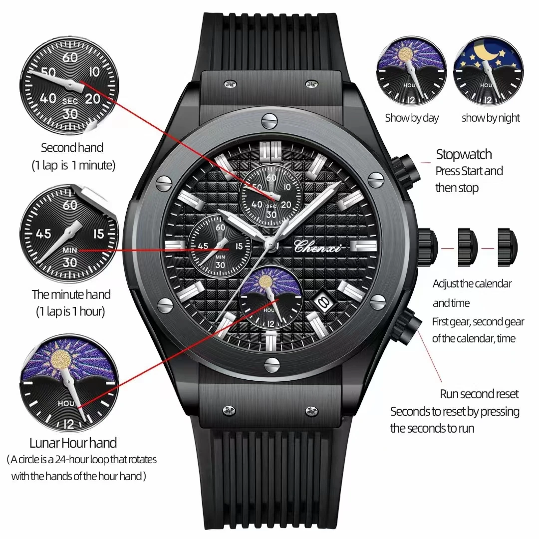 Fashion Casual Mens Watches Waterproof Chronograph Silicone Strap Stylish Business Sport Luxury Quartz Wristwatch Mens Top Brand