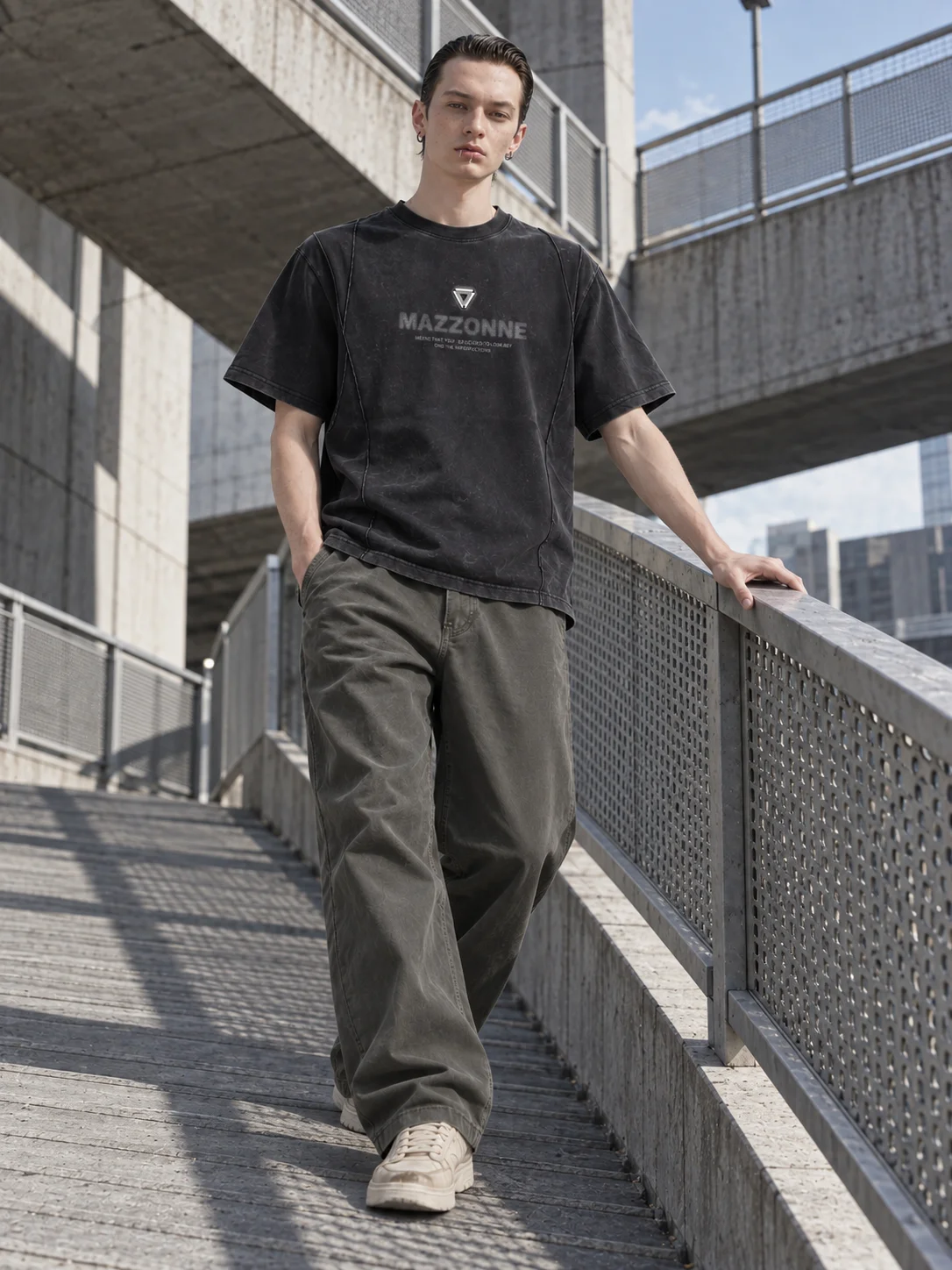 MAZZONNE Men's Washed Black Graphic T-Shirt, Front & Back Letter Print, Metal Hardware, 100% Cotton Crew Neck Streetwear Tee H