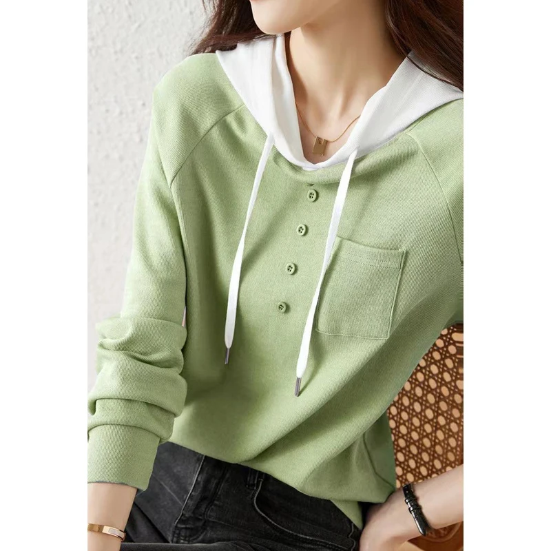 Spring Autumn Women Korean Fashion Contrast Color Patchwork Hooded Sweatshirts Simple Long Sleeve Loose Cotton Pullover Hoodies