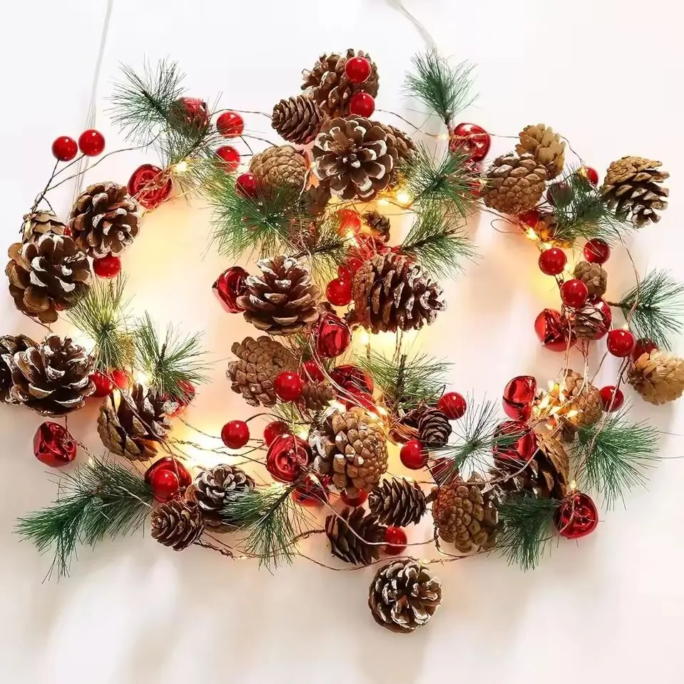LED Christmas String Lights with Pinecone Red Berries Bells,Battery Operated Fairy Lamps for Home Xmas Tree Wall Door Decor