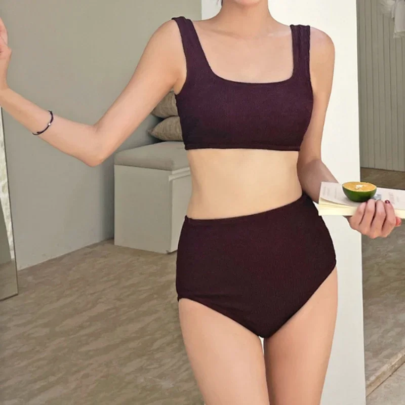 Maillot de bain fendu dos nu taille haute avec faux détails texturés, bikini sportif, sexy, couvrant le ventre, document solide, minimaliste, nouveau