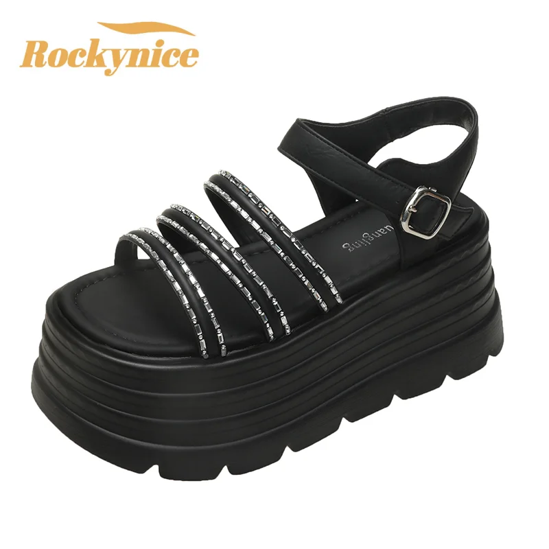 

Женские сандалии на высокой платформе 8 см, туфли-лодочки на танкетке, повседневные массивные сандалии-гладиаторы, женские новые летние блестящие пляжные тапочки