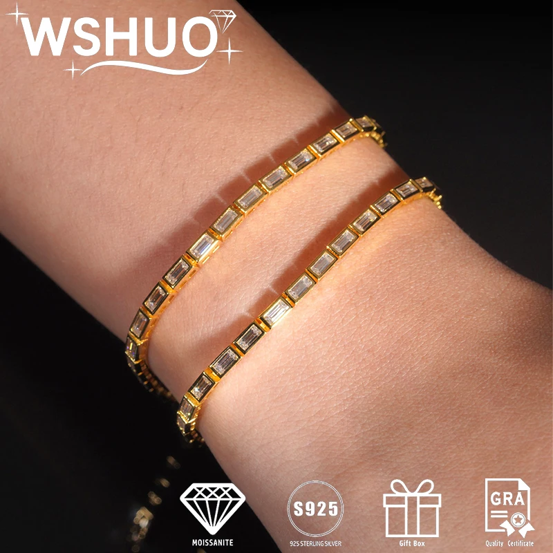 

WSHUO 2mm Baguette Cut Moissanite Tennis Bracelet S925 Sterling Silver Gold Color Fade Resistant GRA Luxury Wedding PartyJewelry