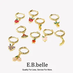 E.B.belle Summer Hot Gold Color Filled CZ Fruit Grape Apple peach Cherry Charm Hoop Earrings Girl's Cute Small Hoop Earring
