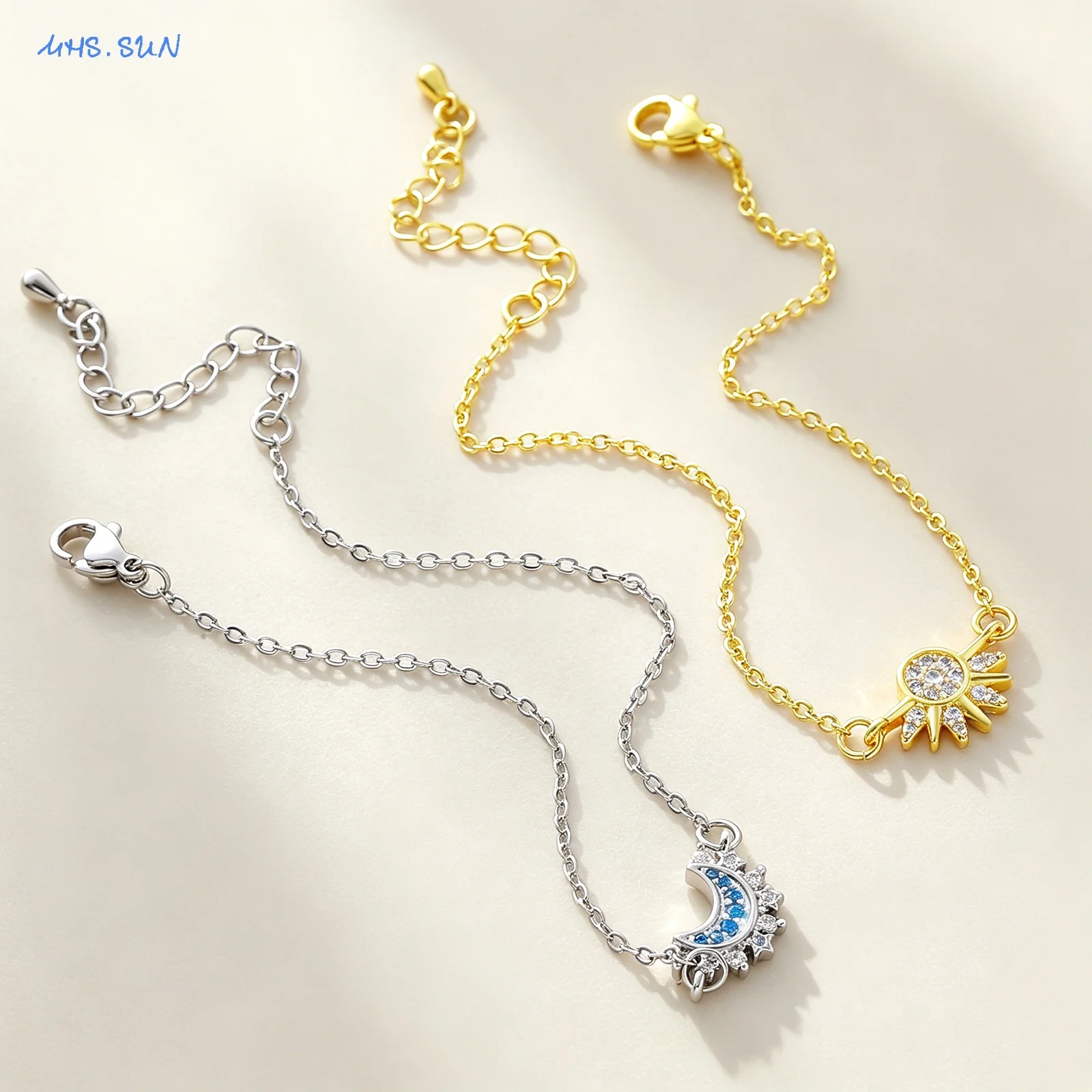 SUNSLL Fashion Gold/Silver Plated White Sea Blue Zircon Sun And Moon Shine Together Pendant Necklace Couple Party Jewelry