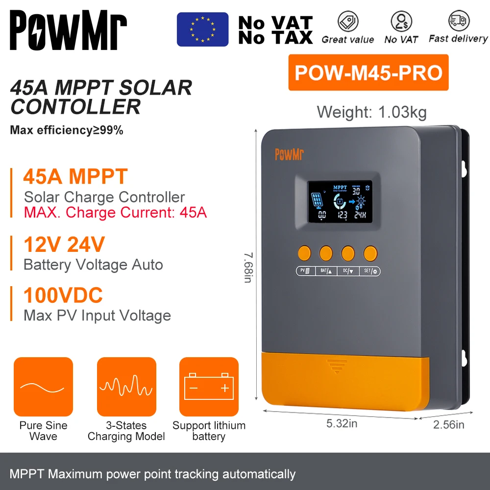 PowMr EU MPPT 45A 35A 25A Solar Laadregelaar 12V 24V Auto 100V Paneel Regulator Regulator Lood-zuur/Lithium Batterij Bank
