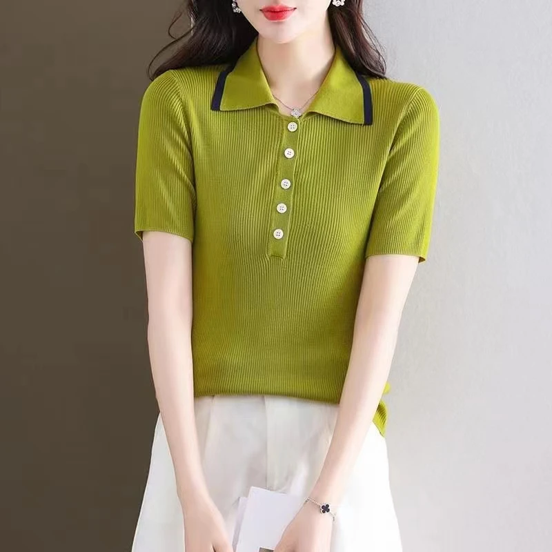 

Women's Polo Collar 2024 Summer New Button Screw Thread Short Sleeve Pullover T-shirt Knitted Thin Versatile Elastic Bottom Tops
