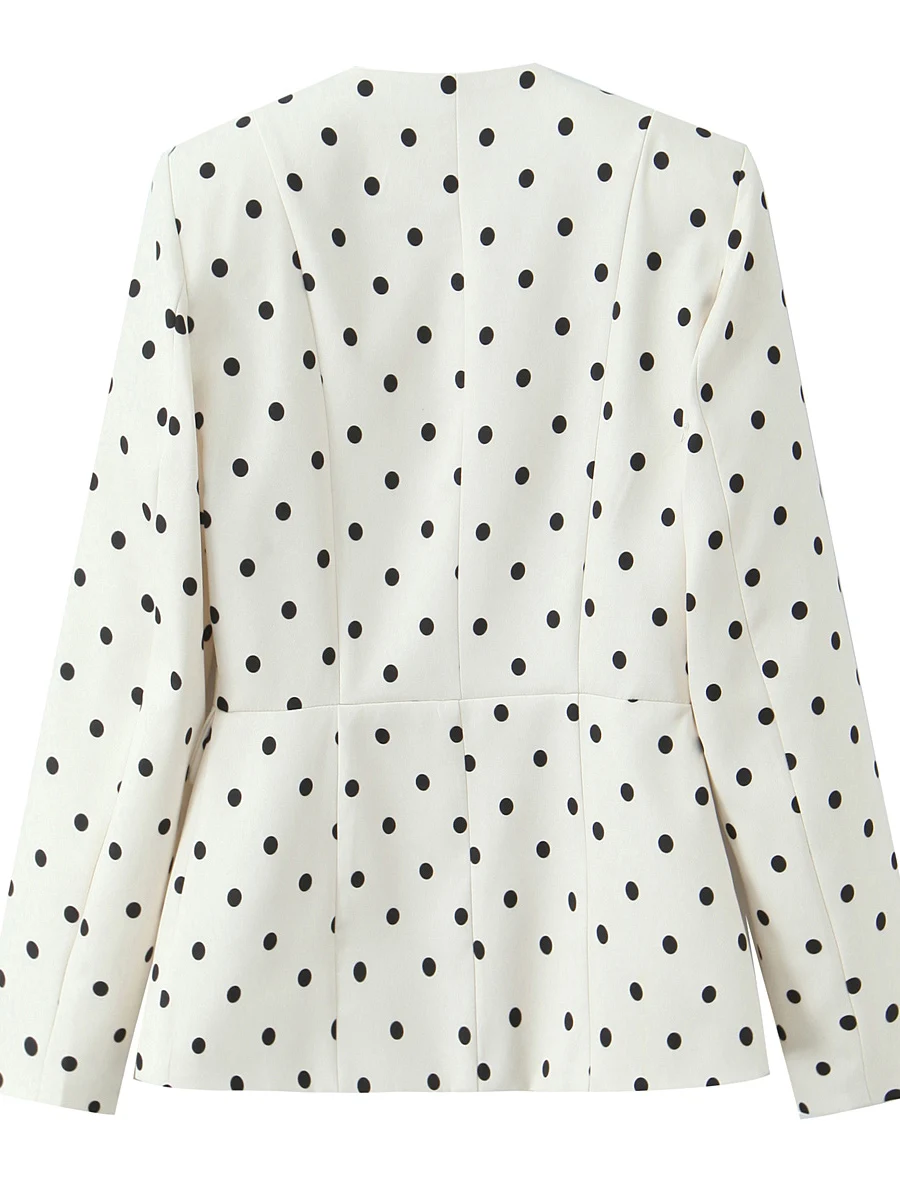 Women's Black Polka Dot Print Suit Jacket 2026 Spring Office Waist Cinched Western Style Long Sleeve round Neck Coat