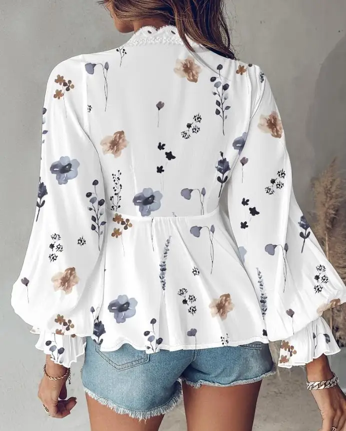 花柄 V ネック ブラウス ランタン スリーブ カジュアル コントラスト レース タイ ディテール レディース ファッション トップ