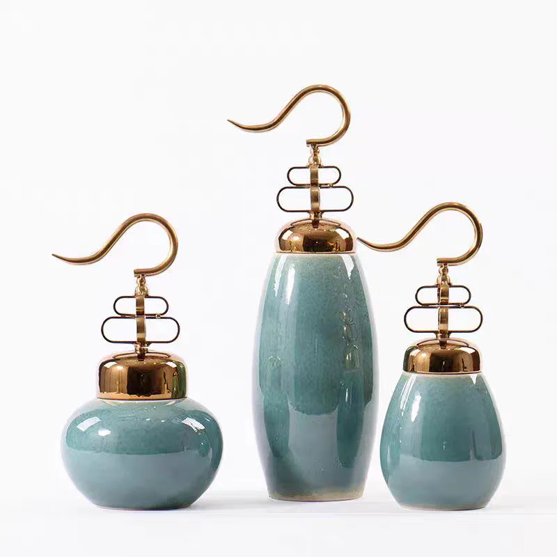 New Chinese style home accessories storage tank porch  furniture desktop emerald green ceramic flower arrangement ornament
