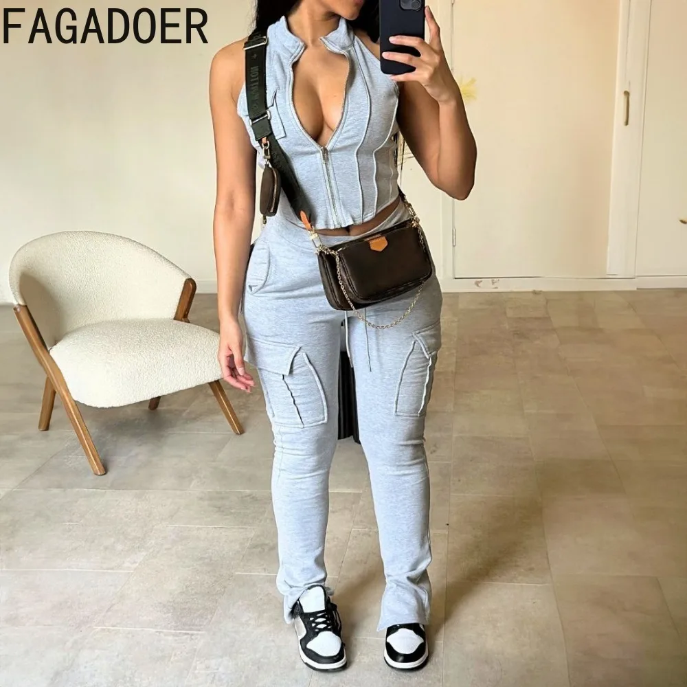 

FAGADOER Casual Solid Color Pocket Sporty Jogger Pants Two Piece Sets Women Zipper Sleeveless Crop Top + Skinny Pants Tracksuits