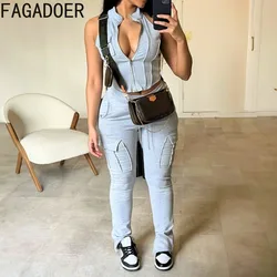 FAGADOER Casual Solid Color Pocket Sporty Jogger Pants Two Piece Sets Women Zipper Sleeveless Crop Top + Skinny Pants Tracksuits