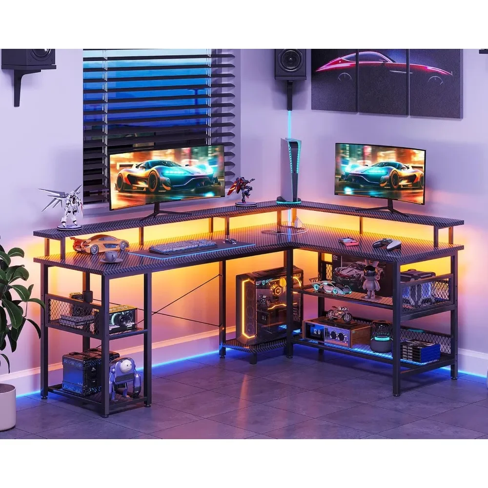 66" L Shaped Gaming Desk with Power Outlet and LED Lights, PC Gaming Table with Carbon Fiber Texture, Reversible Customized