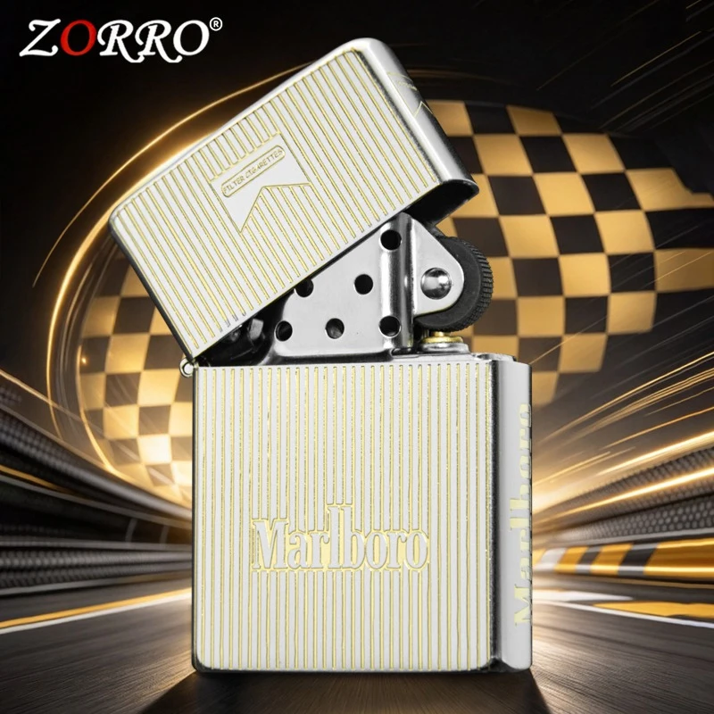 ZORRO Genuine Sand Chrome Engraved Vertical Stripe Marlboro Kerosine Lighter, Brass Engraved Flint Wheel Ignition Lighter
