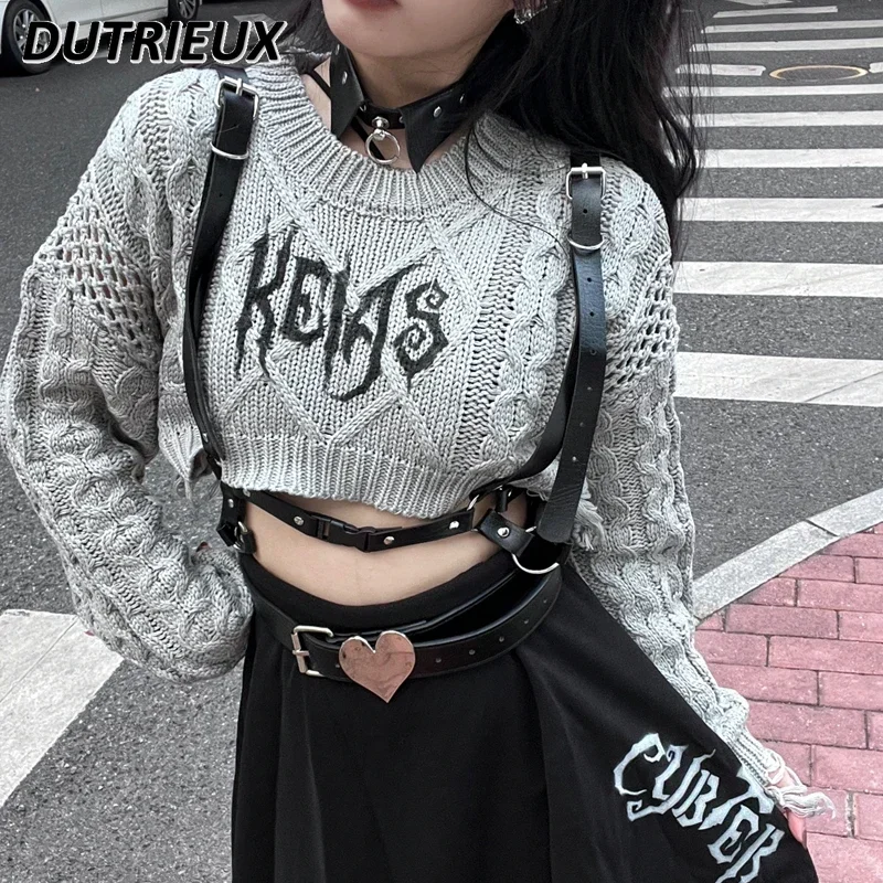 

Женский свитер с круглым вырезом, черный трикотажный пуловер в стиле преппи, короткий свитер с длинным рукавом в стиле Харадзюку, Y2k