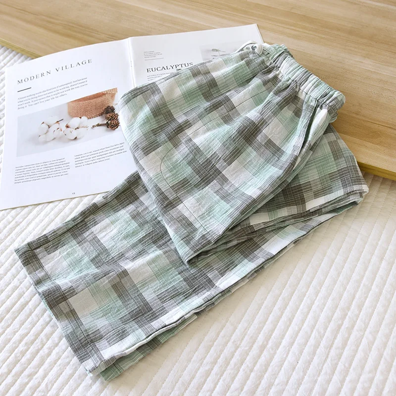 2024 Japanese Spring and Autumn Women\'s All Cotton Pajama Pants Simple Plaid Pants Thin Loose Women\'s Straight Home Pants