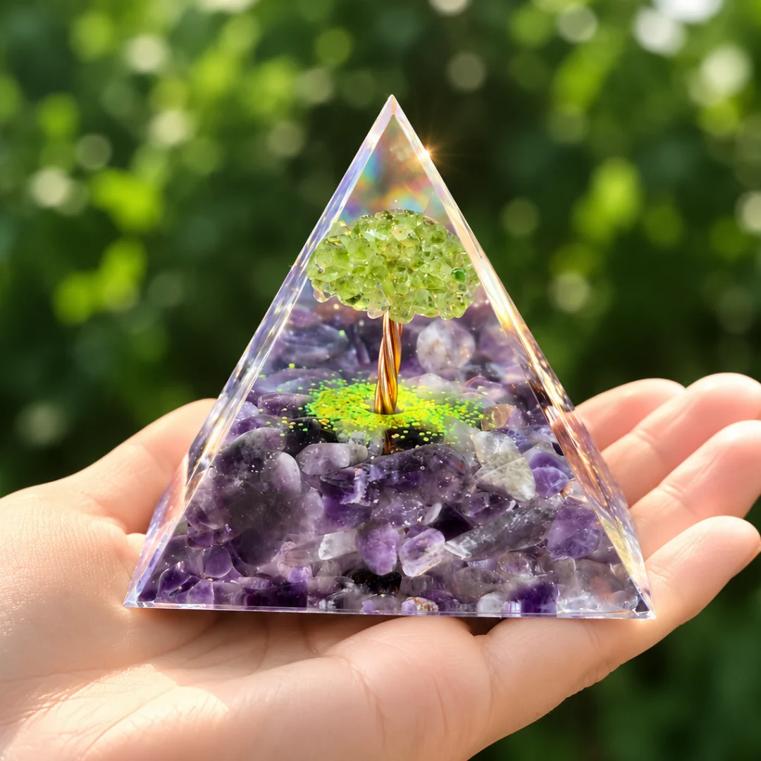 Tree of Life Orgone Pyramid Natural Amethyst Peridot Crystal Energy Generator Orgonite Pyramid Meditation Home Desktop Decor