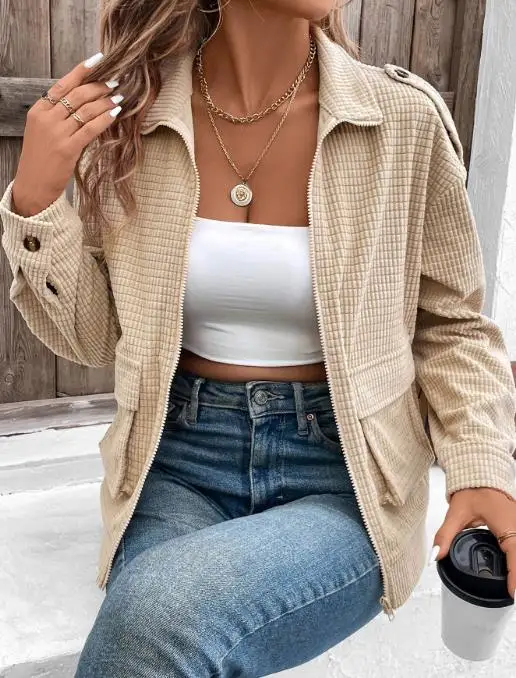 Loose Workwear, Pockets, Zippers, Lapels, Solid Color Women's Jacket, Autumn Waffle Fabric, Casual Women's Long Sleeved Jacket
