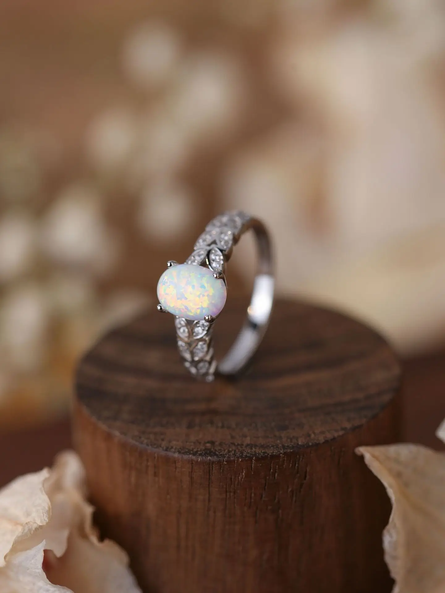 Pure 925 Silver Hot Sales Oval White Opal Women's Ring Inlaid with 2 Row of Symmetrical Zircon,Sweet Style for Wedding