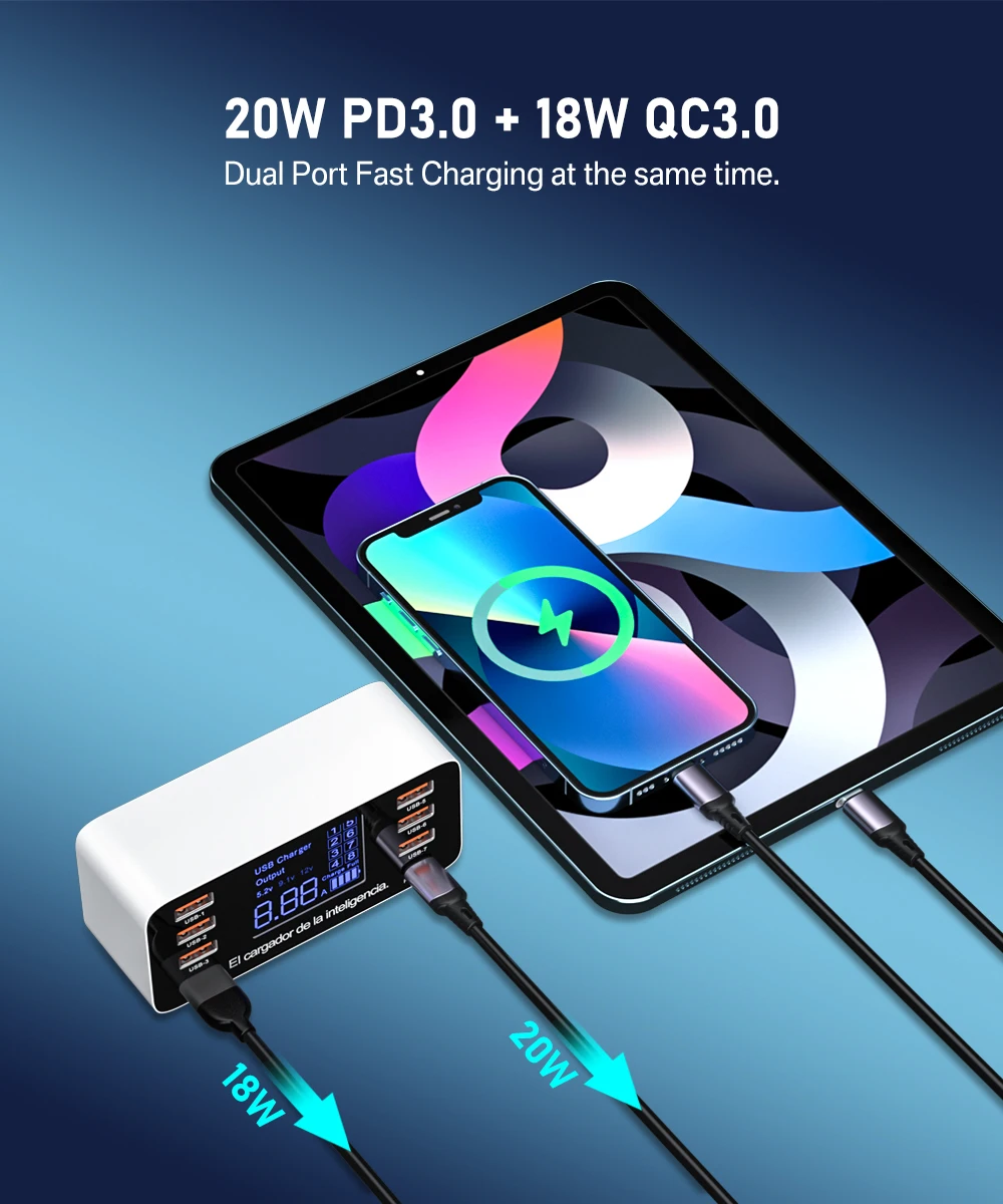 8 Ports USB Charger QC3.0 Quick Charge Phone Charger Adapter Type C 20W PD Fast Charger For iPhone 13 12 Samsung Xiaomi Huawei
