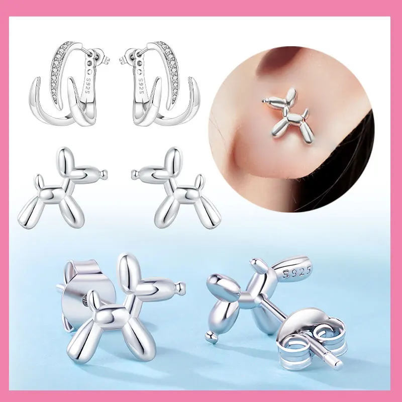 

925 Sterling Silver Sparkling Cute Balloon Dog Versatile Geometric Earrings Women Studs Earring for Anniversary Wedding Gift
