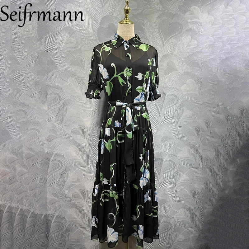 Seifrmann 2026 Summer Women's New Fashionable lapel Short Sleeve Single breasted Printed Waist cinching Dress